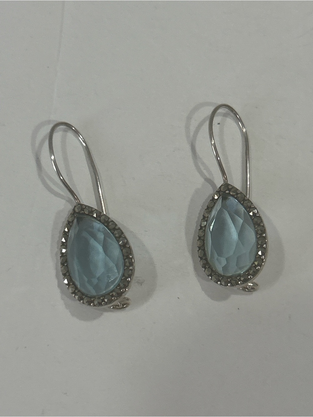 Lord & Taylor Sterling Silver Blue Teardrop pierced Earrings Marcasite Dangle - Picture 6 of 9